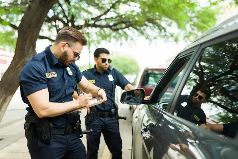 Police officers stop a driver, ordering the conduct of a field sobriety test by the roadside